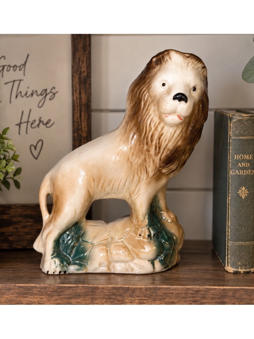 Vintage Lusterware Lion Figurine Statue Made in Brazil 7" Tall Ceramic